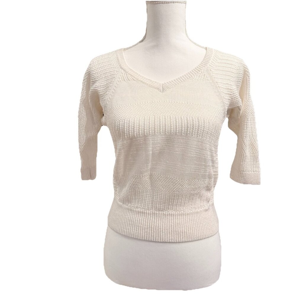 GUESS Los Angeles Mixed Knit Sweater Womens XS 3/4 Sleeve White Boatneck